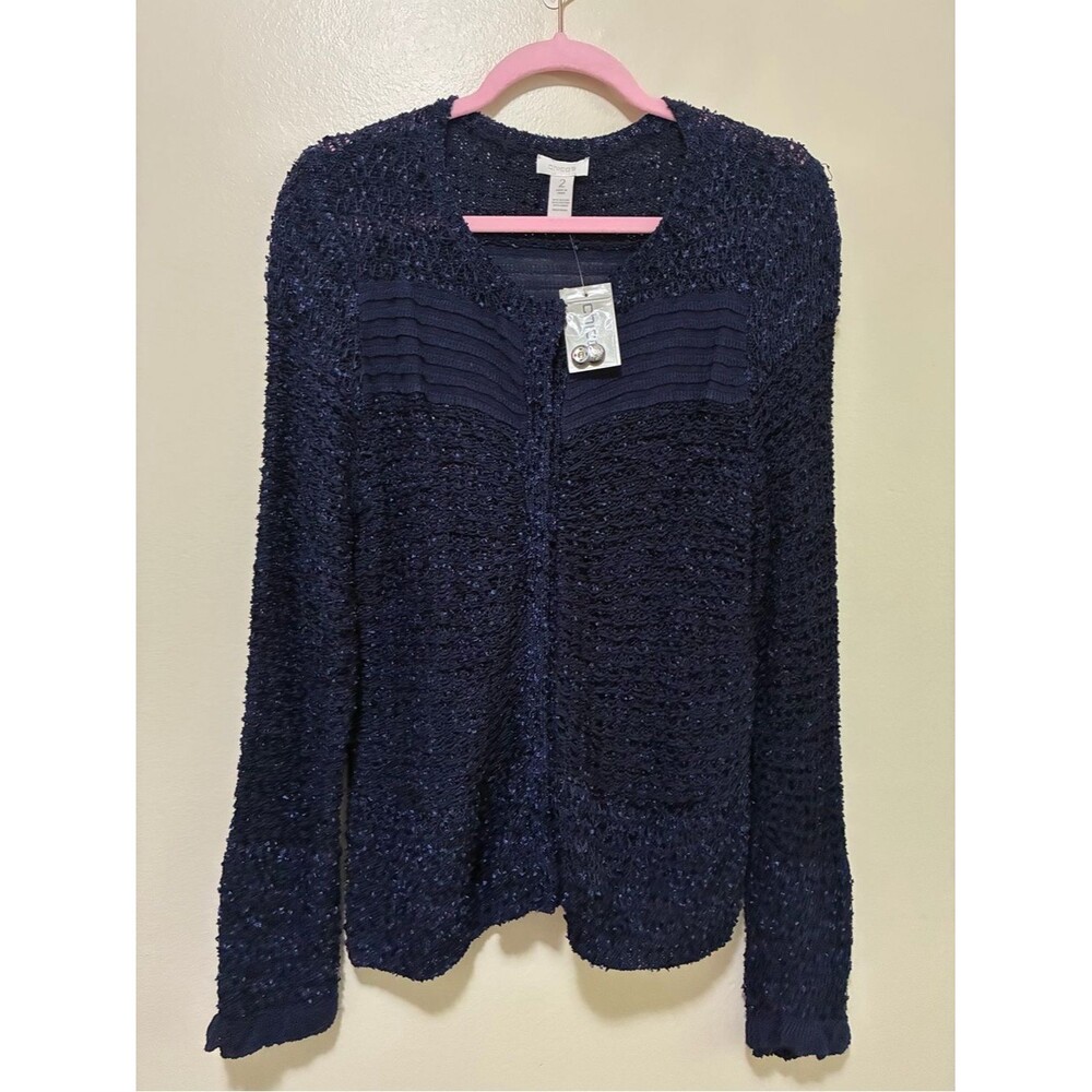Chico's Navy Textured Open Knit Snap front Cardigan sweater nwt size 2/large